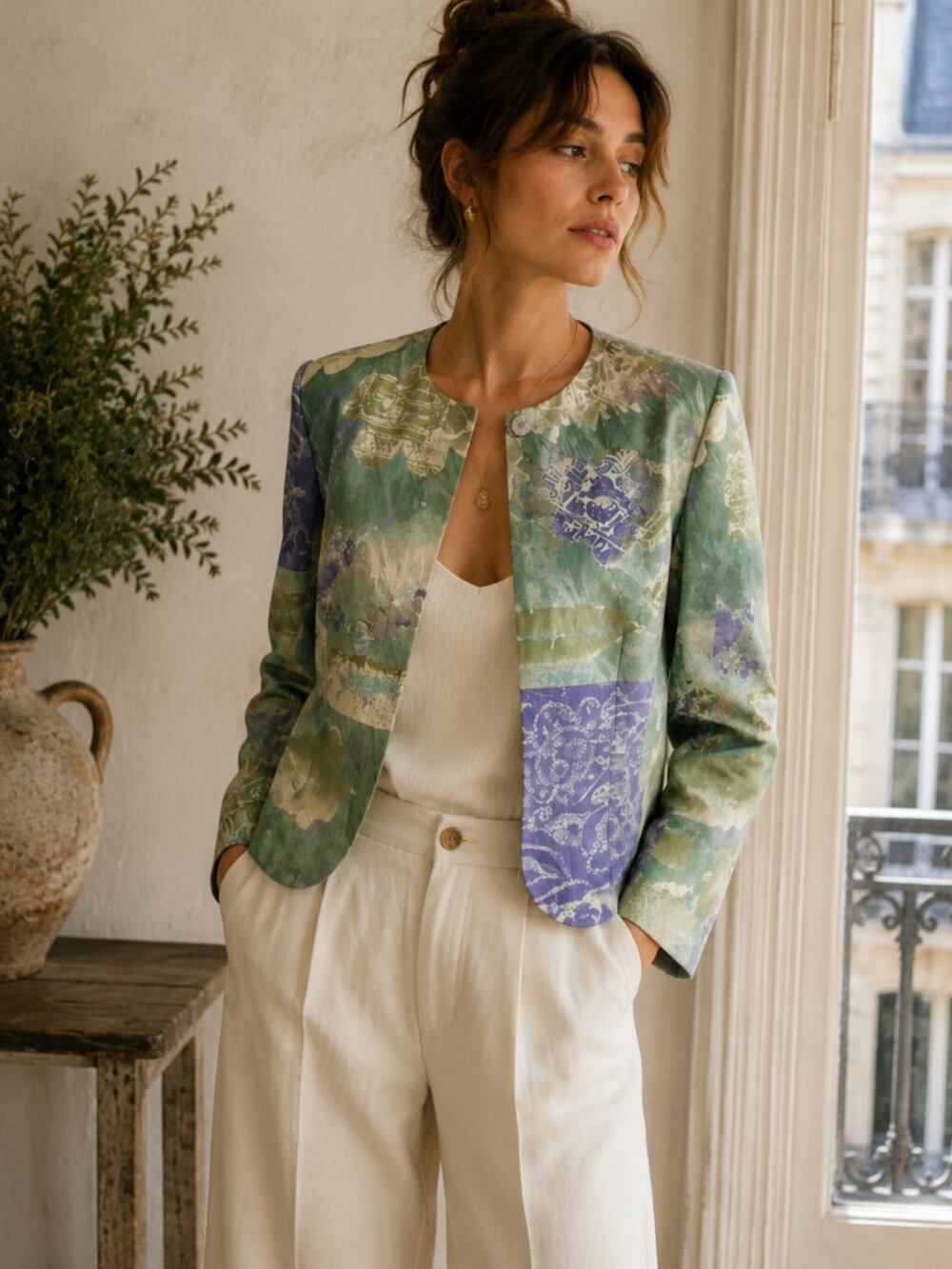 Anne Crimmins UMI Vintage Silk Art Print Blazer Jacket SZ10 Luxe Boho Cottage